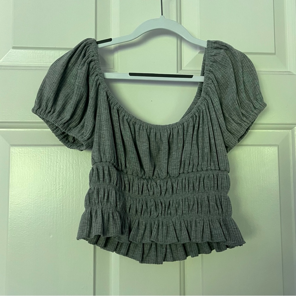 Forever21 grey rushed short sleeve crop top with square neckline, milkmaid